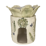 „Handgemachte Keramik-Duftlampe Aqua Floris aus Österreich, grün-blau glasiert im Naturdesign mit blattförmiger Schale, verwendbar als Stövchen.“