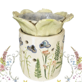 „Handgemachte Keramik-Duftlampe AquaFloris aus Österreich, grün-blau glasiert im Naturdesign mit blattförmiger Schale, verwendbar als Stövchen.“