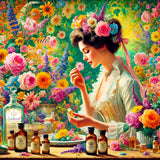 Duftimpuls Paradies eine Frau mit Blumen viele Flaschen Düfte aus dem Paradies auf ihrem Tisch