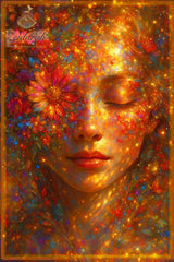 „Goldene Blumen und Lichtreflexe über dem Gesicht einer Frau mit geschlossenen Augen – symbolisiert das Erwachen und die Wirkung des AURUM Duftsprays“