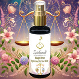 Produktfoto Parfumflakon Waage-Venus Mystischer Duft der Sterne, umgeben von floralen und kosmischen Elementen, symbolisiert Harmonie, Balance und zeitlose Schönheit.