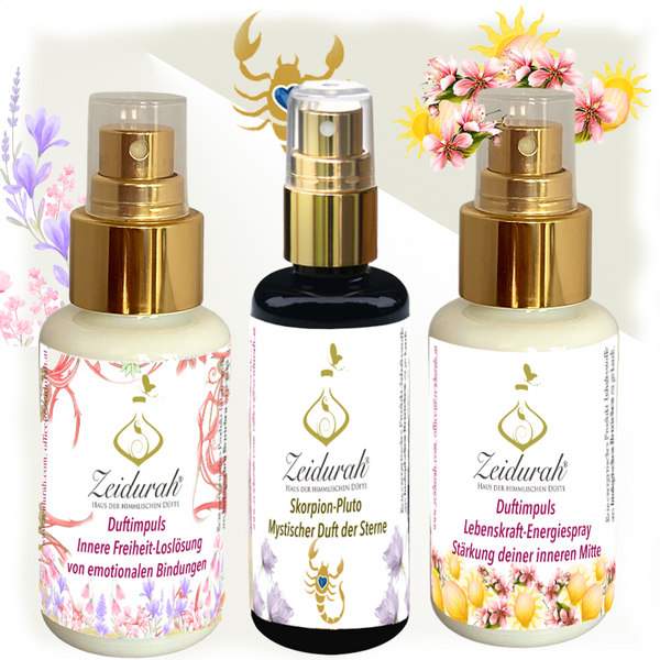 „Drei Duftessenzen, die gemeinsam Erdung, Wandlung und innere Freiheit schenken das energetische Set der Transformation.“ Zeidurah