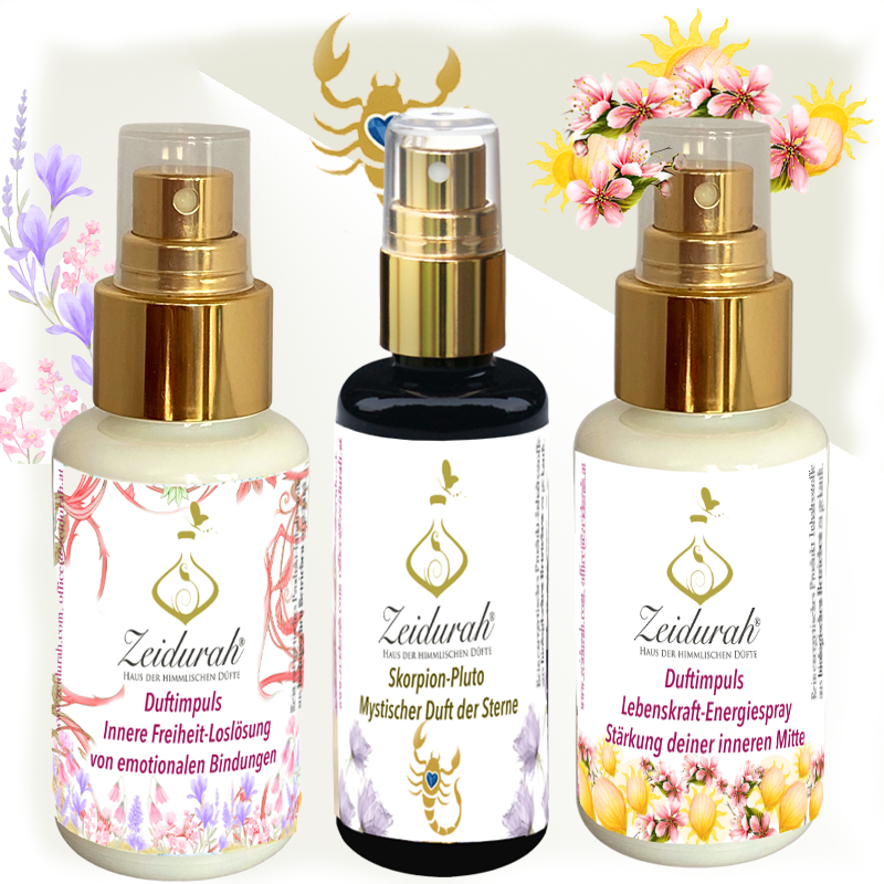 „Drei Duftessenzen, die gemeinsam Erdung, Wandlung und innere Freiheit schenken das energetische Set der Transformation.“ Zeidurah