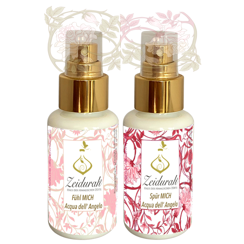 "Zartes Duftset mit zwei Aura Sprays – FÜHL MICH & SPÜR MICH – in liebevoll gestalteten Flakons, eingebettet in florale Illustrationen. Inspiriert von Pflanzen wie Vetiver, Rose, Tuberose & Wiesenkönigin – für innere Harmonie, emotionale Öffnung und fühlbare Verbindung.“