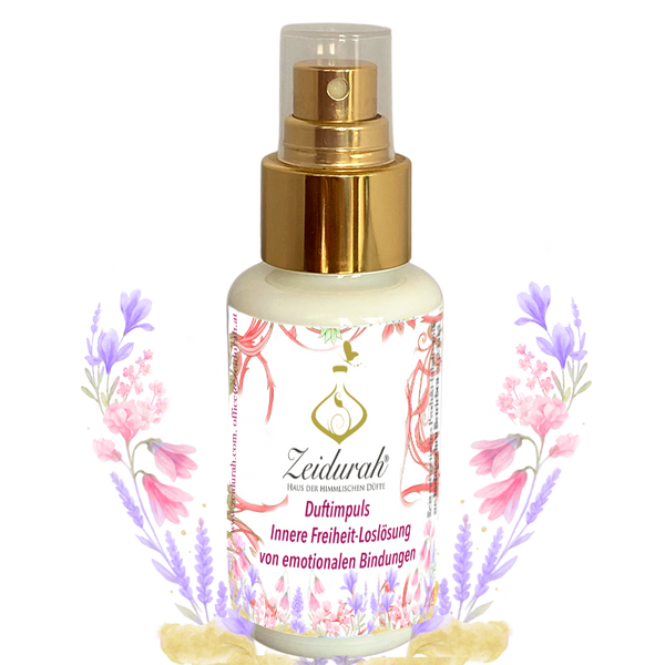 Duft für innere Freiheit – Loslösung von emotionalen Bindungen im Opalglas mit Goldsprüher, umgeben von zarten Blüten in Lila und Rosé.