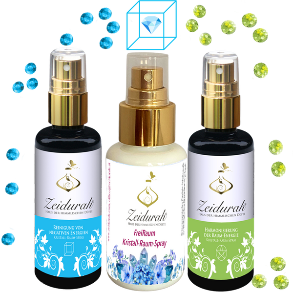 „Kristallklar 3er-Raumspray-Set zur energetischen Reinigung, Harmonisierung und Klärung mit Pflanzen- und Kristallessenzen.“