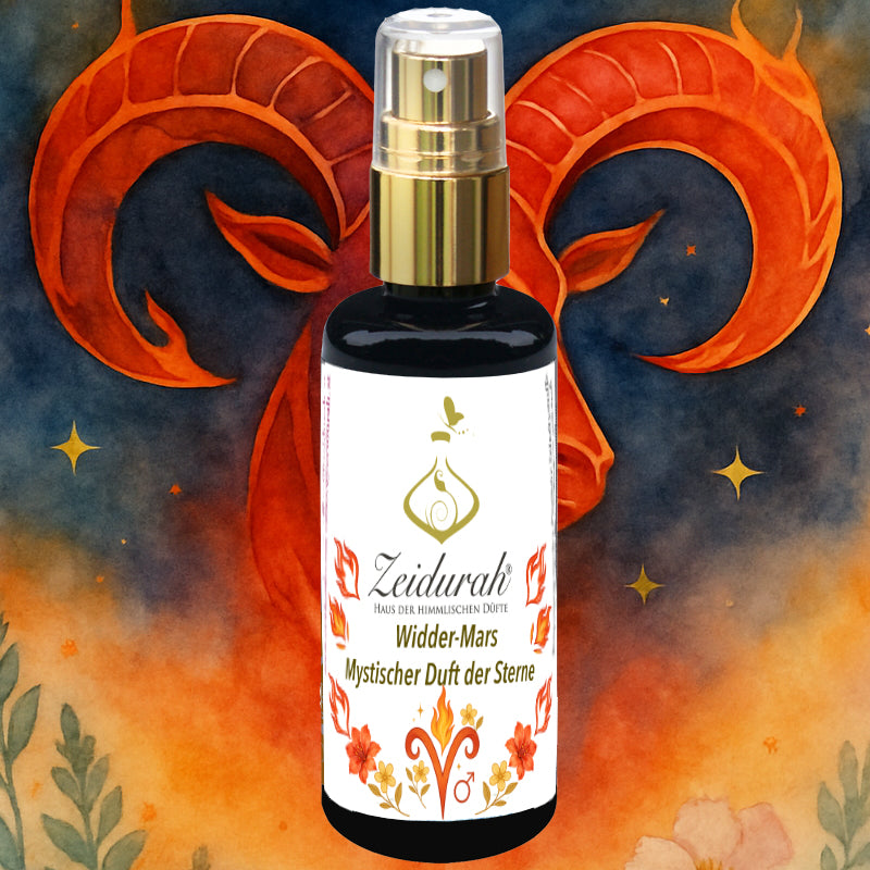 Edles Violett Glas „Widder – Mars“ vor feurigem, kosmischem Hintergrund mit Flammen, Widder-Symbol und Marszeichen – strahlt Kraft, Energie und astrologische Tiefe aus.