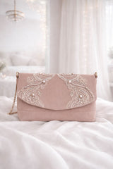 Roséfarbene Samt-Designertasche mit Kunzit und Süßwasserperlen – Velarosea