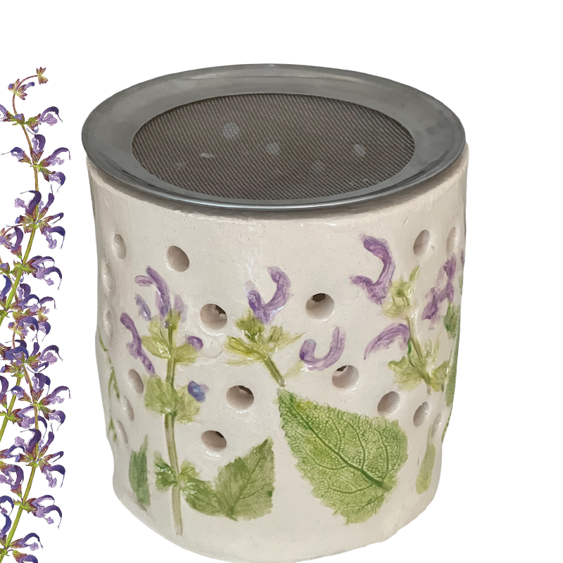 Aromalampe aus Keramik „Salbei und Licht“ mit filigranem Muskatellersalbei-Motiv, handgemachtes Stövchen für Duftöle, Wachsmelts und Räucherwerk.