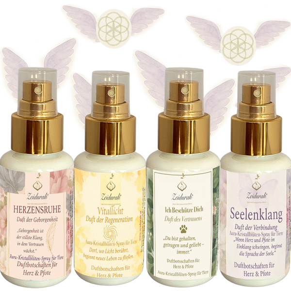 „Engelduft-Set für Tiere – 4 Kristall-Blüten-Aura-Sprays zur energetischen Unterstützung bei Angst, Stress und emotionaler Heilung. Für Vertrauen, Geborgenheit & Verbindung.“