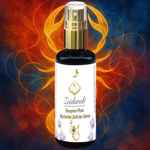 Violettglasflasche mit goldenem Sprühkopf, gefüllt mit dem mystischen Duft des Skorpions. Im Hintergrund schimmert ein goldenes Skorpion-Symbol mit blauschimmerndem Herz, umgeben von warmen, kosmischen Farbtönen. Das Bild vermittelt Stärke, Wandlung und Sinnlichkeit, die Essenz des Sternzeichens Skorpion in Duftform.