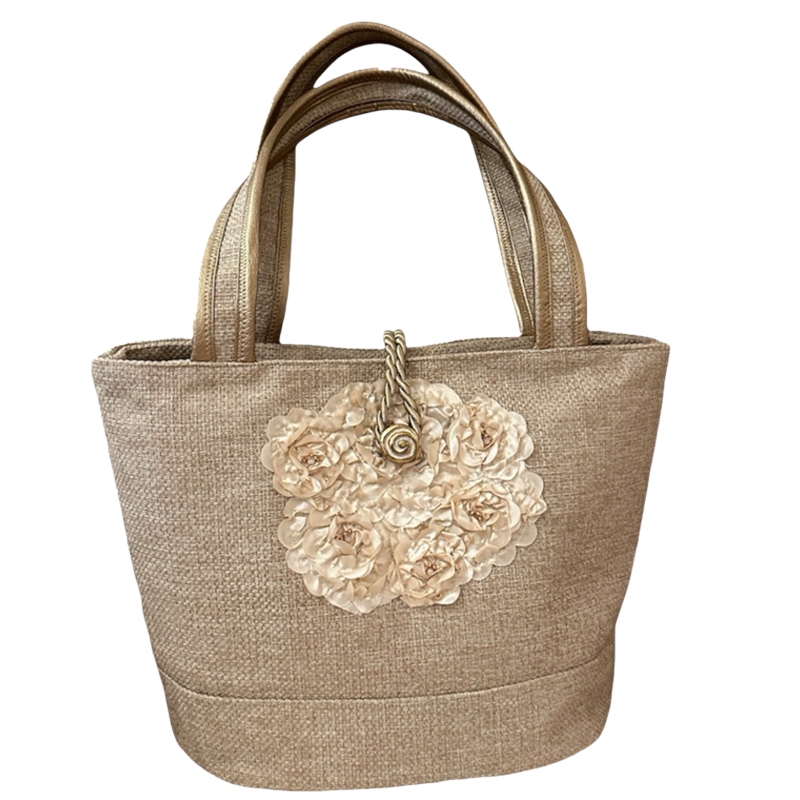 Produktfoto "Handgefertigte Designer Tasche Feminina Rose mit kunstvoller Rosenapplikation, verziert mit Kunzit-Edelsteinen und eleganter Kordelverschluss mit Perlmuttknopf."