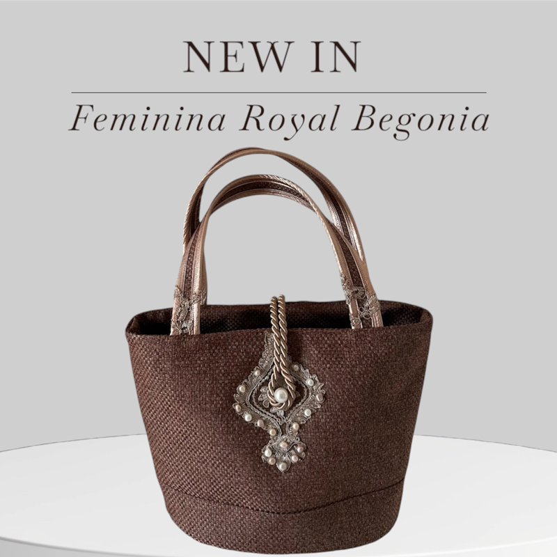 "Feminina Royal Begonia – Handgefertigte Designer Tasche mit Perlen und Perlmuttknopf, inspiriert von der Königsbegonie"